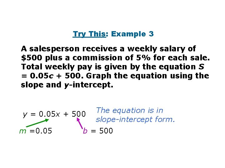 Try This: Example 3 A salesperson receives a weekly salary of $500 plus a