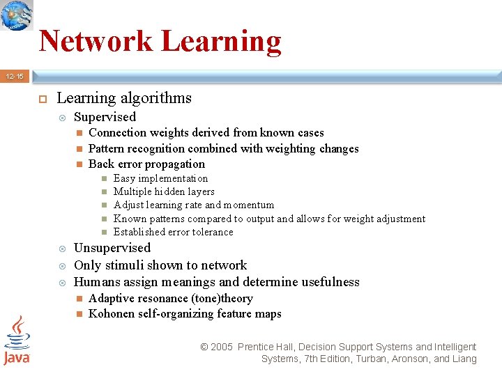 Network Learning 12 -15 Learning algorithms Supervised Connection weights derived from known cases Pattern