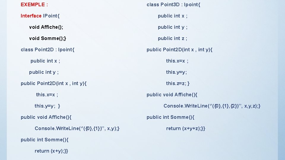 EXEMPLE : Interface IPoint{ class Point 3 D : Ipoint{ public int x ;