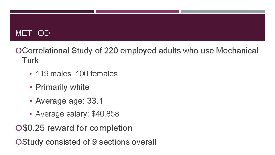 METHOD Correlational Study of 220 employed adults who use Mechanical Turk • 119 males,