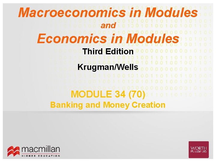 Macroeconomics in Modules and Economics in Modules Third Edition Krugman/Wells MODULE 34 (70) Banking
