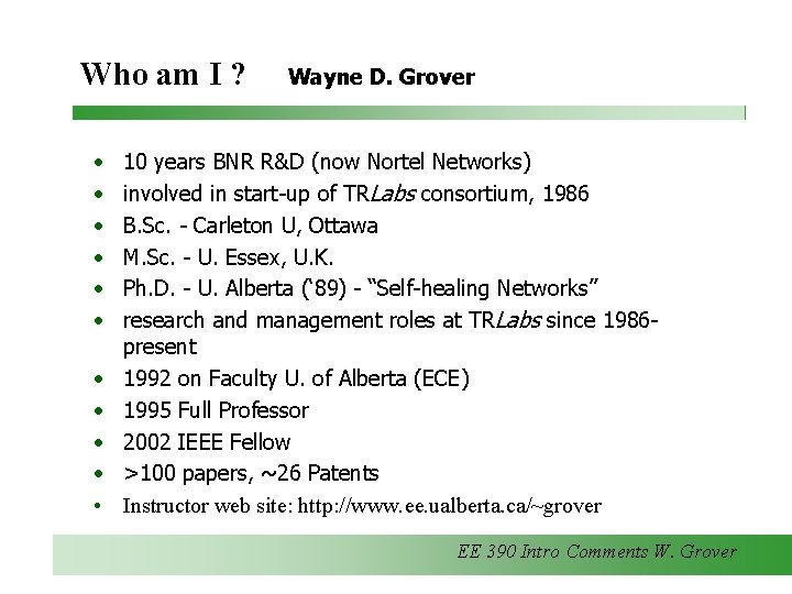 Who am I ? • • • Wayne D. Grover 10 years BNR R&D