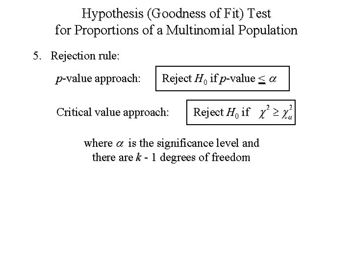 Hypothesis (Goodness of Fit) Test for Proportions of a Multinomial Population 5. Rejection rule: Hypothesis (Goodness of Fit) Test for Proportions of a Multinomial Population 5. Rejection rule: