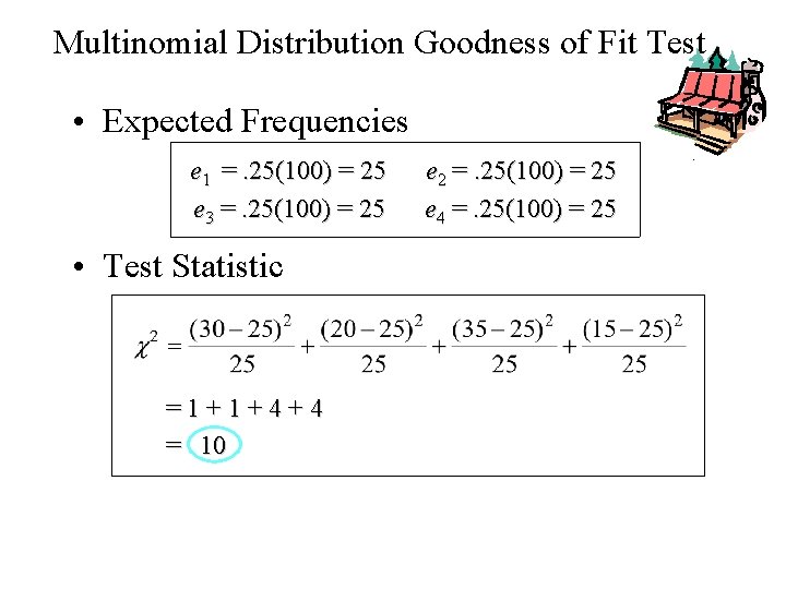 Multinomial Distribution Goodness of Fit Test • Expected Frequencies e 1 =. 25(100) = Multinomial Distribution Goodness of Fit Test • Expected Frequencies e 1 =. 25(100) =