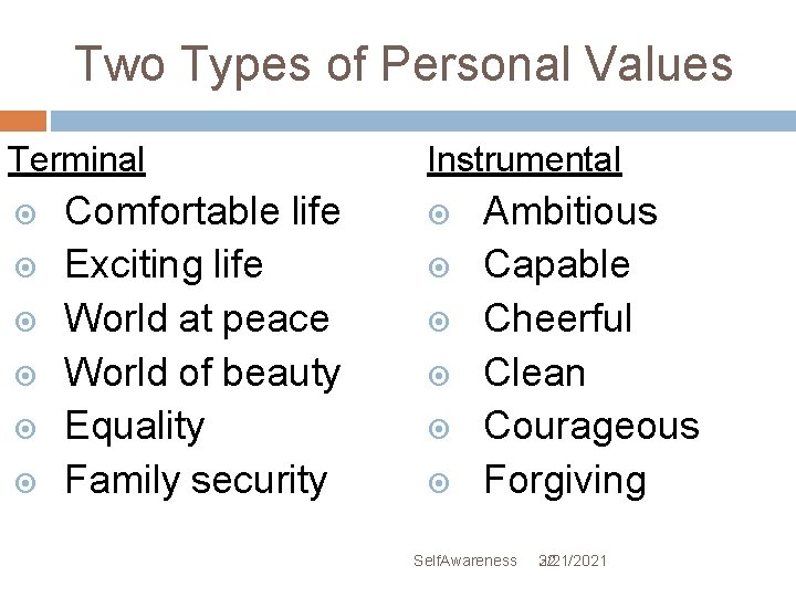 Two Types of Personal Values Terminal Comfortable life Exciting life World at peace World