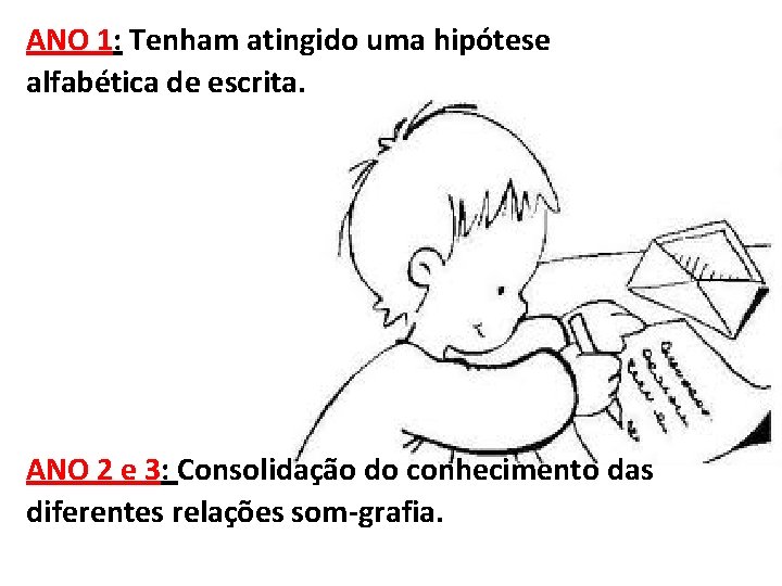 ANO 1: Tenham atingido uma hipótese alfabética de escrita. ANO 2 e 3: Consolidação