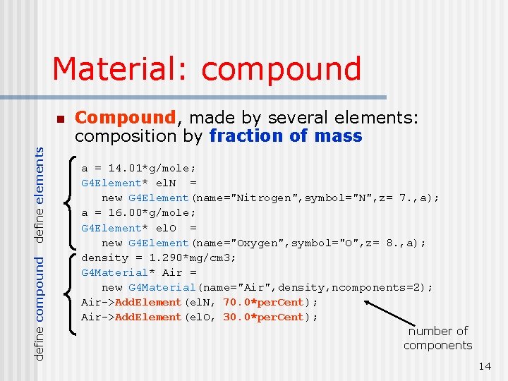 Material: compound define elements n Compound, made by several elements: composition by fraction of