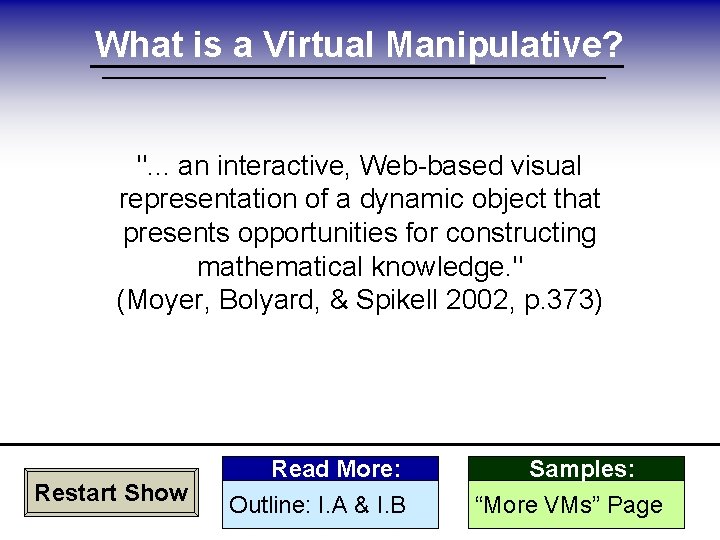 What is a Virtual Manipulative? ". . . an interactive, Web-based visual representation of