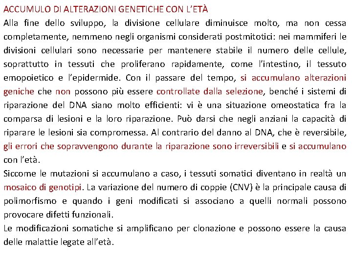 ACCUMULO DI ALTERAZIONI GENETICHE CON L’ETÀ Alla fine dello sviluppo, la divisione cellulare diminuisce