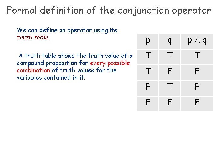 Formal definition of the conjunction operator We can define an operator using its truth