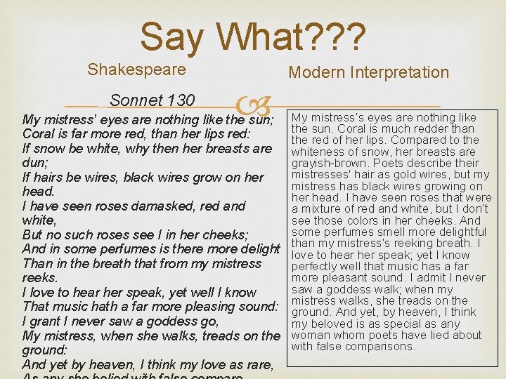 Say What? ? ? Shakespeare Sonnet 130 Modern Interpretation My mistress’ eyes are nothing