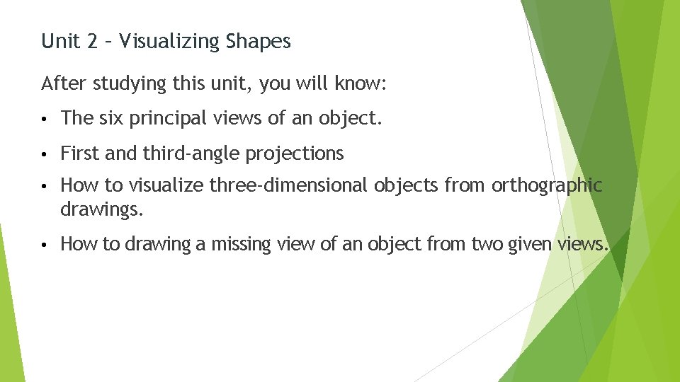 Unit 2 – Visualizing Shapes After studying this unit, you will know: • The