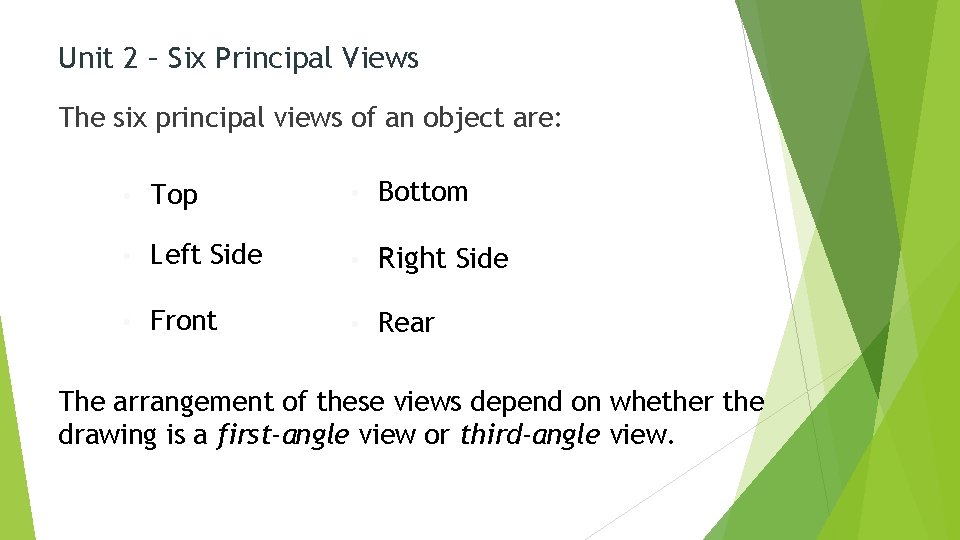 Unit 2 – Six Principal Views The six principal views of an object are: