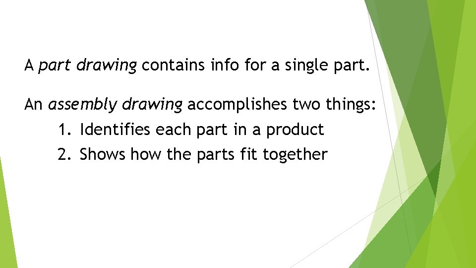 A part drawing contains info for a single part. An assembly drawing accomplishes two