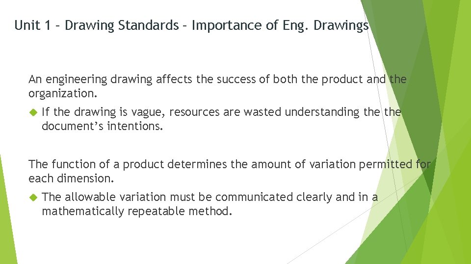 Unit 1 – Drawing Standards – Importance of Eng. Drawings An engineering drawing affects