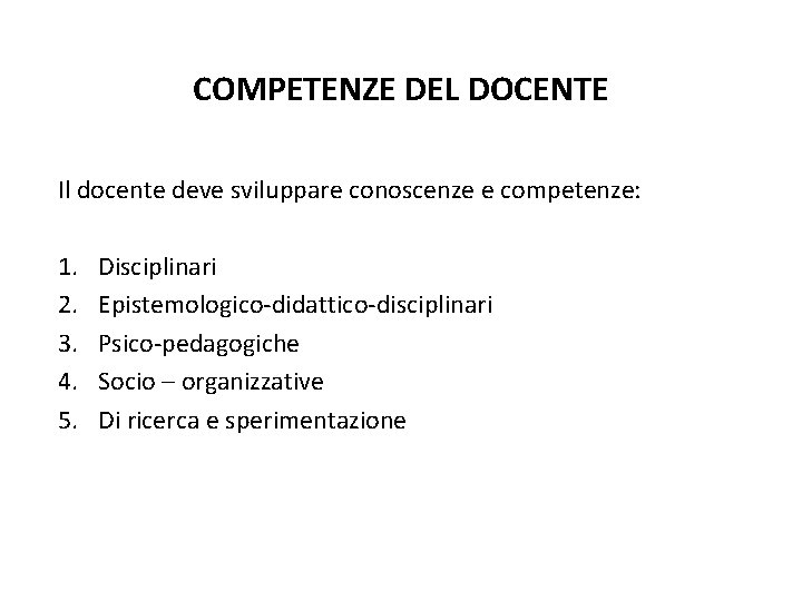 COMPETENZE DEL DOCENTE Il docente deve sviluppare conoscenze e competenze: 1. 2. 3. 4.