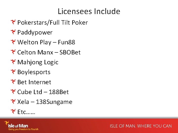 Licensees Include Pokerstars/Full Tilt Poker Paddypower Welton Play – Fun 88 Celton Manx –