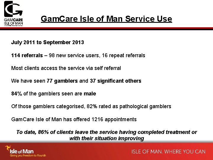 Gam. Care Isle of Man Service Use July 2011 to September 2013 114 referrals