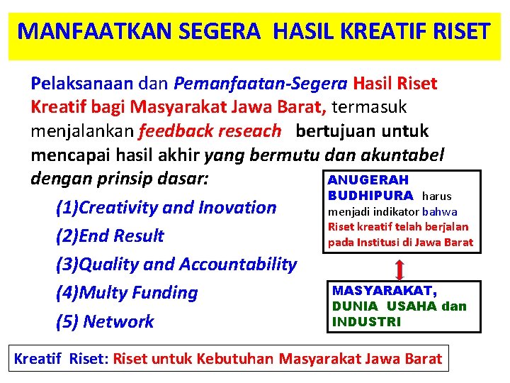 MANFAATKAN SEGERA HASIL KREATIF RISET Pelaksanaan dan Pemanfaatan-Segera Hasil Riset Kreatif bagi Masyarakat Jawa