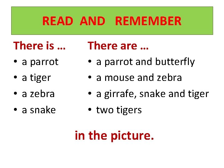 READ AND REMEMBER There is … • • a parrot a tiger a zebra