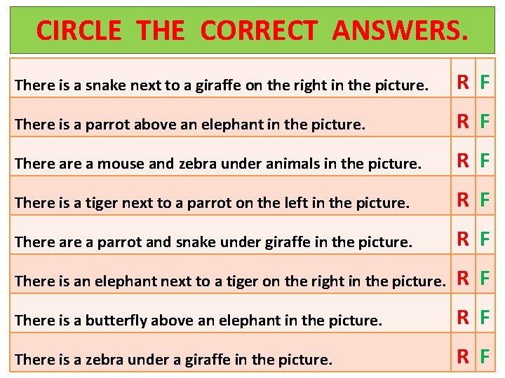 CIRCLE THE CORRECT ANSWERS. There is a snake next to a giraffe on the