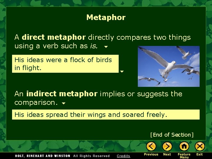 Metaphor A direct metaphor directly compares two things using a verb such as is.