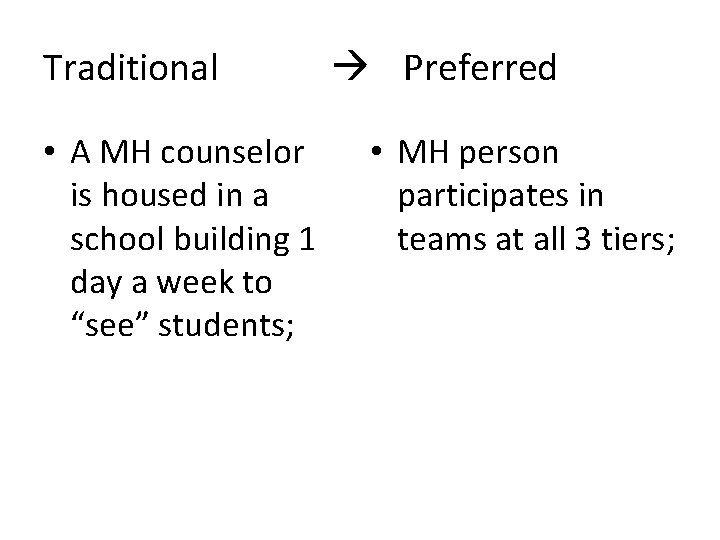 Traditional • A MH counselor is housed in a school building 1 day a