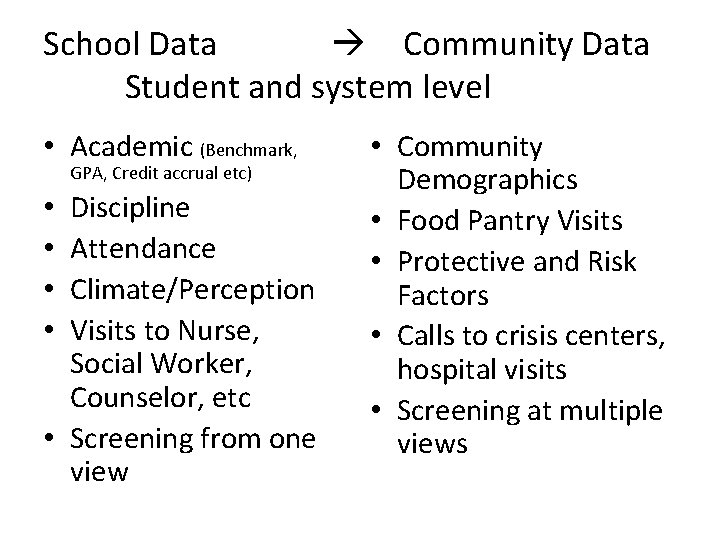 School Data Community Data Student and system level • Academic (Benchmark, GPA, Credit accrual