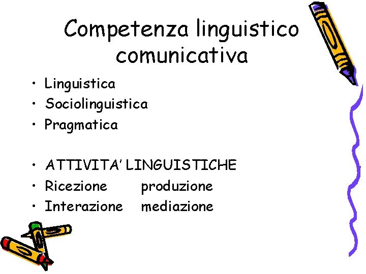 Competenza linguistico comunicativa • Linguistica • Sociolinguistica • Pragmatica • ATTIVITA’ LINGUISTICHE • Ricezione