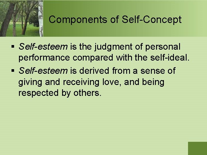 Components of Self-Concept § Self-esteem is the judgment of personal performance compared with the