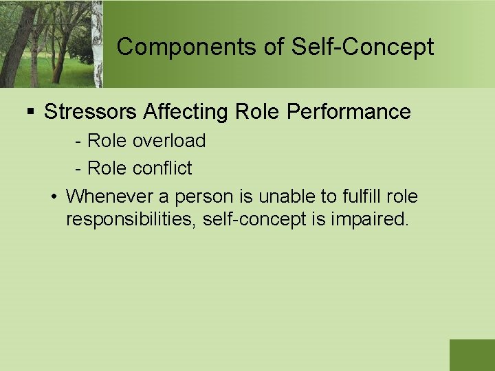 Components of Self-Concept § Stressors Affecting Role Performance - Role overload - Role conflict