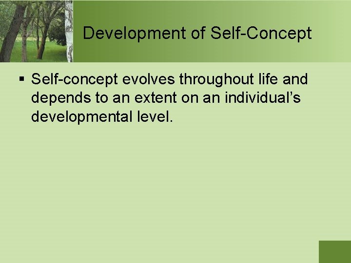 Development of Self-Concept § Self-concept evolves throughout life and depends to an extent on