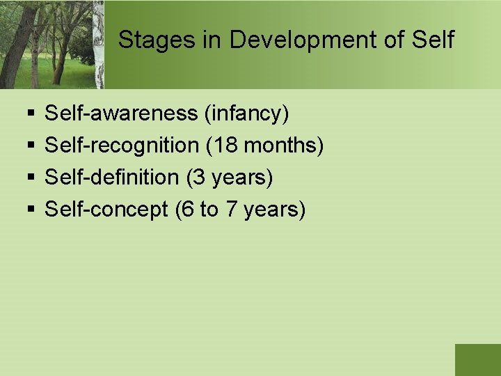 Stages in Development of Self § § Self-awareness (infancy) Self-recognition (18 months) Self-definition (3