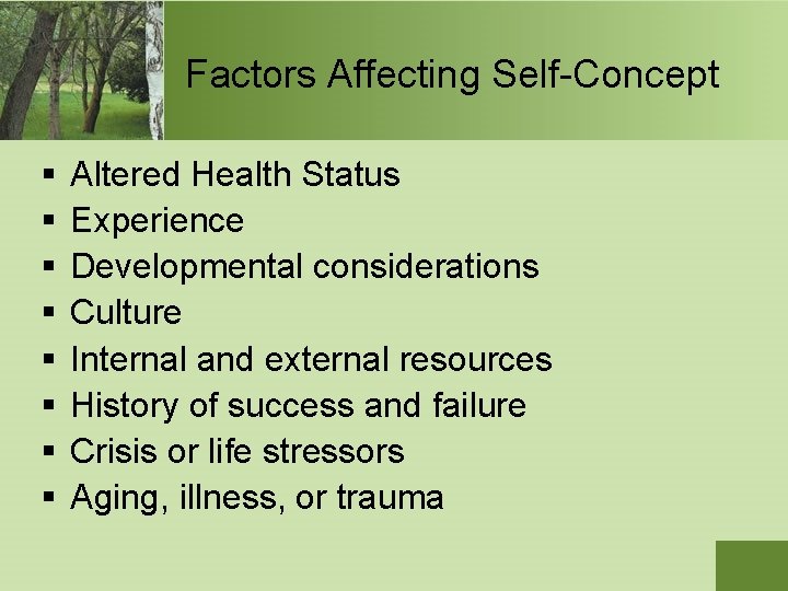 Factors Affecting Self-Concept § § § § Altered Health Status Experience Developmental considerations Culture