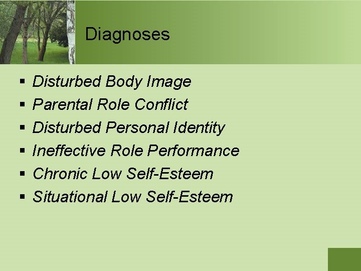 Diagnoses § § § Disturbed Body Image Parental Role Conflict Disturbed Personal Identity Ineffective