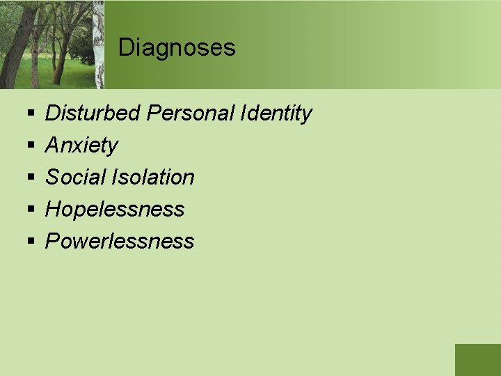 Diagnoses § § § Disturbed Personal Identity Anxiety Social Isolation Hopelessness Powerlessness 