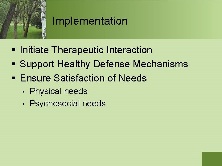 Implementation § Initiate Therapeutic Interaction § Support Healthy Defense Mechanisms § Ensure Satisfaction of