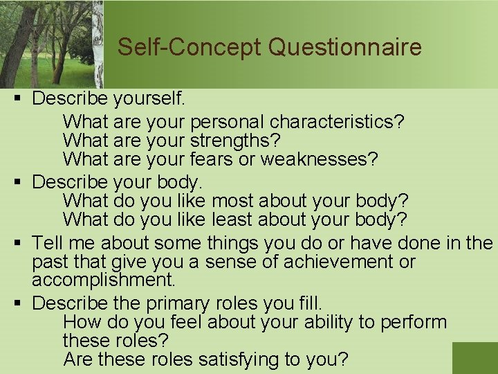 Self-Concept Questionnaire § Describe yourself. What are your personal characteristics? What are your strengths?