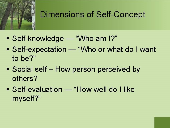 Dimensions of Self-Concept § Self-knowledge — “Who am I? ” § Self-expectation — “Who