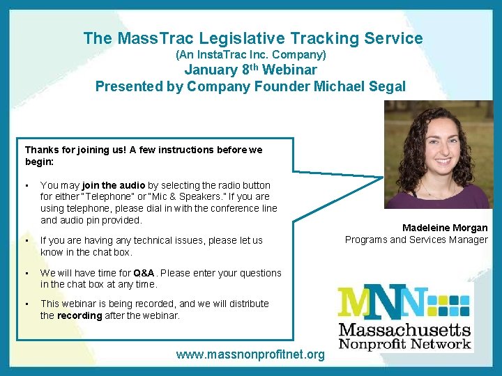 The Mass. Trac Legislative Tracking Service (An Insta. Trac Inc. Company) January 8 th The Mass. Trac Legislative Tracking Service (An Insta. Trac Inc. Company) January 8 th