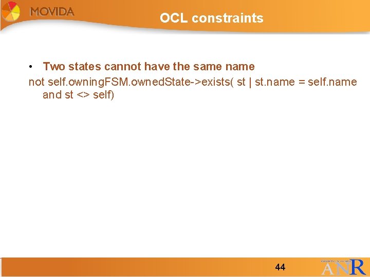 OCL constraints • Two states cannot have the same not self. owning. FSM. owned. OCL constraints • Two states cannot have the same not self. owning. FSM. owned.