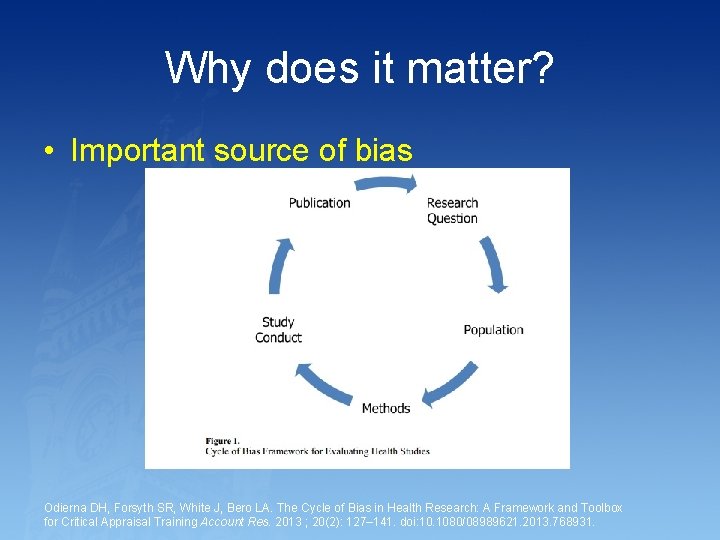 Why does it matter? • Important source of bias Odierna DH, Forsyth SR, White