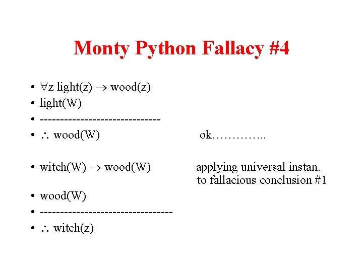 Monty Python Fallacy #4 • • z light(z) wood(z) light(W) --------------- wood(W) • witch(W)