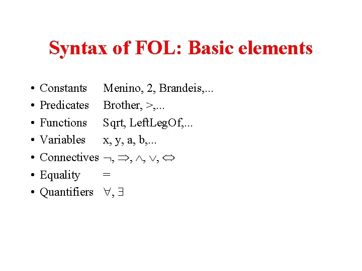 Syntax of FOL: Basic elements • • Constants Predicates Functions Variables Connectives Equality Quantifiers