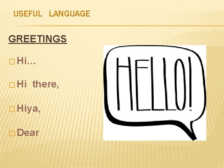 USEFUL LANGUAGE GREETINGS � Hi… � Hi there, � Hiya, � Dear 