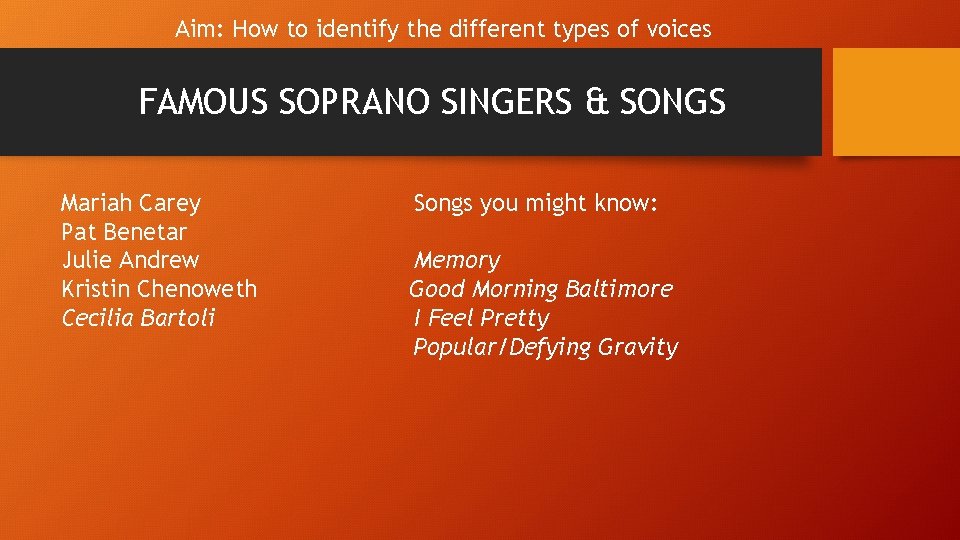 Aim: How to identify the different types of voices FAMOUS SOPRANO SINGERS & SONGS