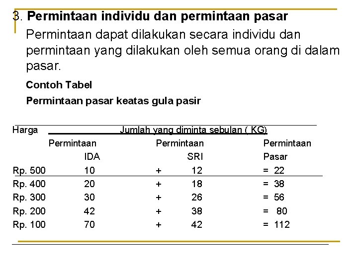 3. Permintaan individu dan permintaan pasar Permintaan dapat dilakukan secara individu dan permintaan yang