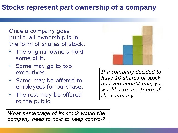 Stocks represent part ownership of a company Once a company goes public, all ownership