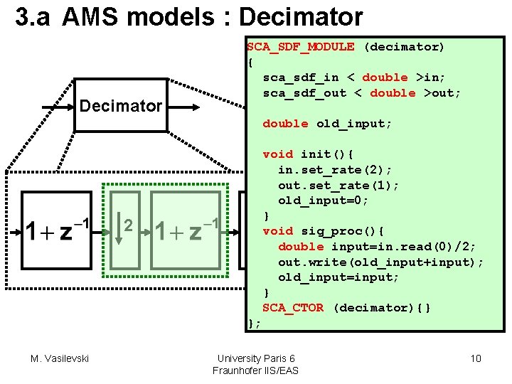 3. a AMS models : Decimator SCA_SDF_MODULE (decimator) { sca_sdf_in < double >in; sca_sdf_out