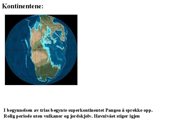 Kontinentene: I begynnelsen av trias begynte superkontinentet Pangea å sprekke opp. Rolig periode uten